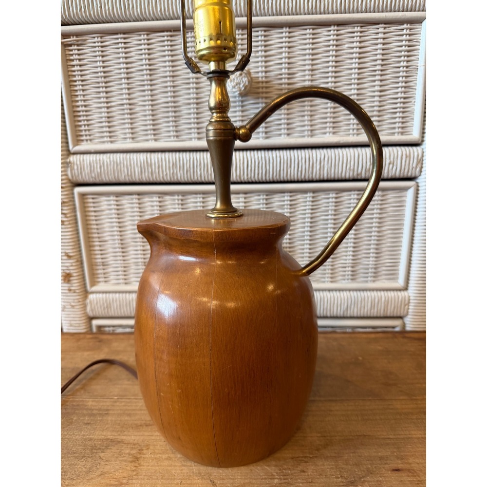 Vintage Wood Pitcher Table Lamp Mid Century Rustic Farmhouse Jug Brass Handle